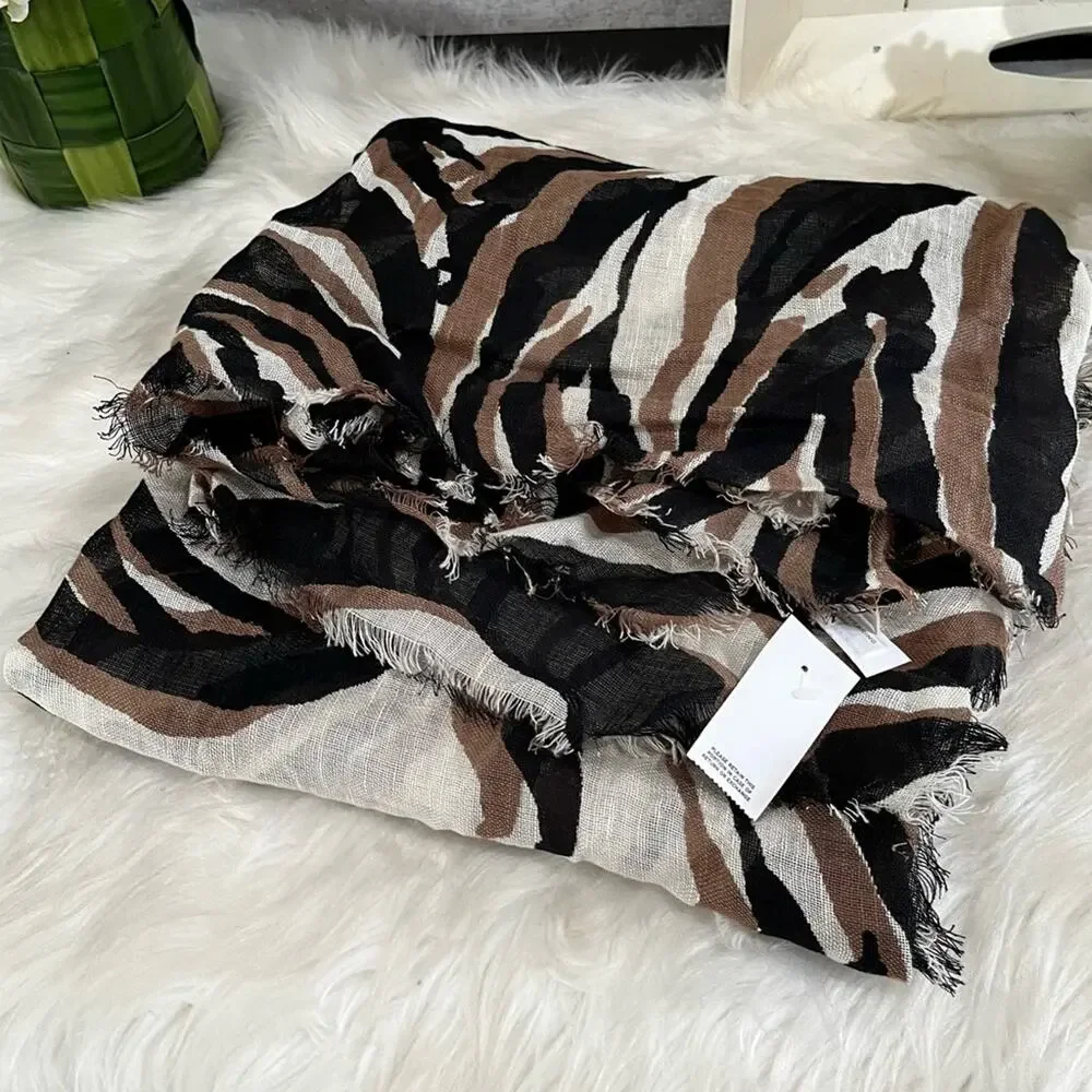 NEW Ann Taylor Loft Linen Multicolor Raw Hem Oversized Neutral Wrap Scarf OS NWT